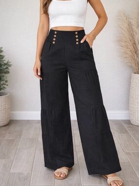 High-Waist Wide-Leg Black Pants with Button Detail